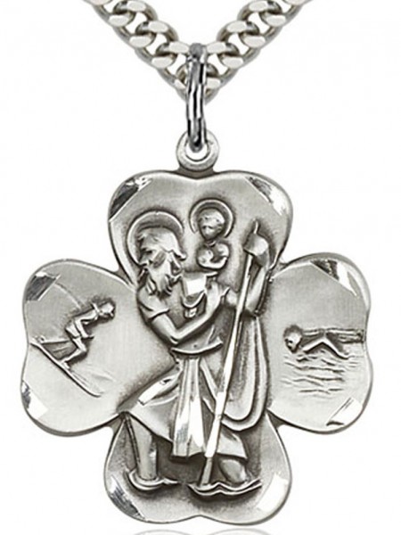 Men's Sterling Silver Shamrock Saint Christopher Medal - 24&quot; 2.4mm Rhodium Plate Chain + Clasp