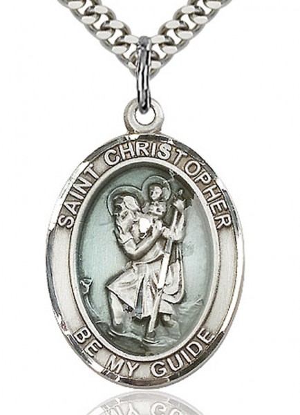 St. Christopher Medal with Blue Enamel, Sterling Silver, Large - 24&quot; 2.2mm Sterling Silver Chain + Clasp