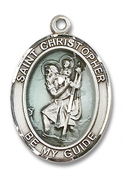 St. Christopher Medal with Blue Enamel, Sterling Silver, Large + 24 2.4mm Rhodium Plate Endless Chain