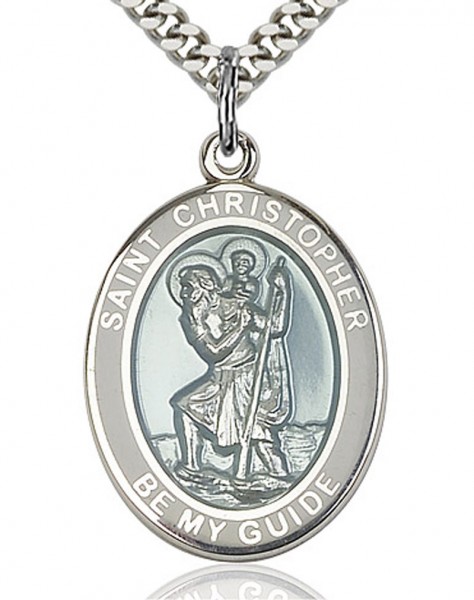 St. Christopher Medal with White Border, Sterling Silver, Large - 24&quot; 2.2mm Sterling Silver Chain + Clasp