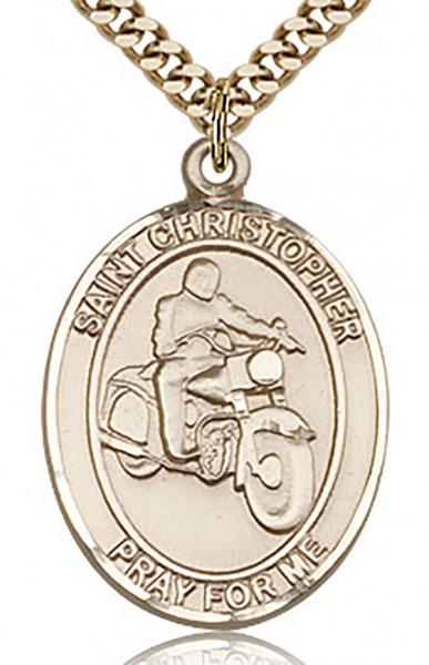 St. Christopher Motorcycle Medal, Gold Filled, Large - 24&quot; 2.4mm Gold Plated Endless Chain