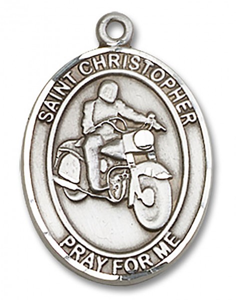 Men's Sterling Silver Oval St. Christopher Motorcycle Medal - No Chain