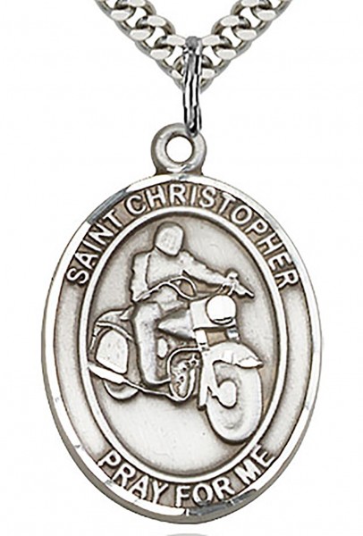 Men's Sterling Silver Oval St. Christopher Motorcycle Medal - 24&quot; Sterling Silver Chain + Clasp
