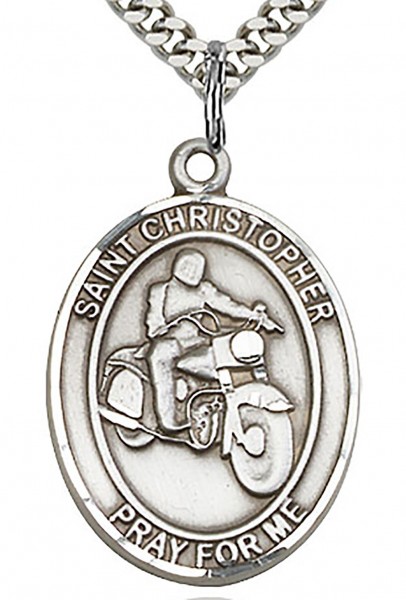 Men's Sterling Silver Oval St. Christopher Motorcycle Medal - 24&quot; 2.4mm Rhodium Plate Endless Chain