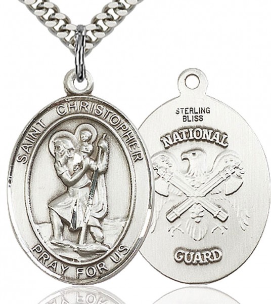 St. Christopher National Guard Medal, Sterling Silver, Large - 24&quot; 2.2mm Sterling Silver Chain + Clasp