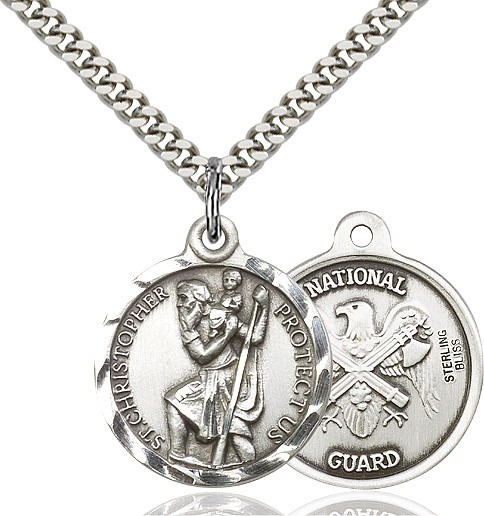 St. Christopher National Guard Medal, Sterling Silver - 24&quot; 2.2mm Sterling Silver Chain + Clasp