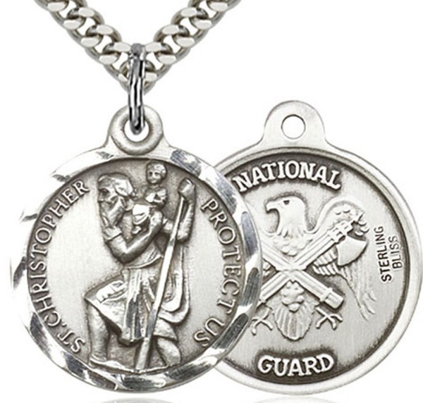 St. Christopher National Guard Medal, Sterling Silver - 24&quot; 2.4mm Rhodium Plate Endless Chain