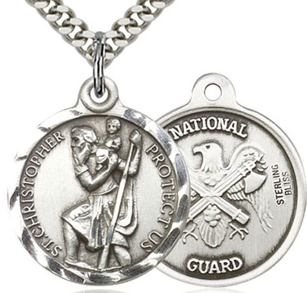 St. Christopher National Guard Medal, Sterling Silver - 24&quot; 2.4mm Rhodium Plate Chain + Clasp