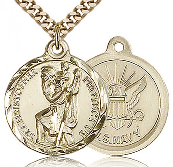 St. Christopher Navy Medal, Gold Filled - 24&quot; 2.4mm Gold Plated Endless Chain
