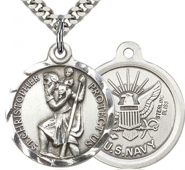St. Christopher Navy Medal, Sterling Silver - 24&quot; 2.2mm Sterling Silver Chain + Clasp