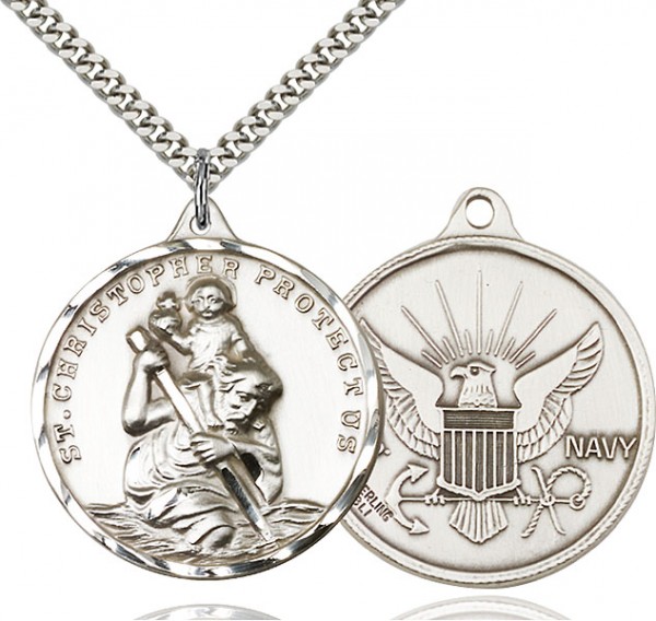 Large St. Christopher Navy Medal, Sterling Silver - 24&quot; 2.4mm Rhodium Plate Chain + Clasp