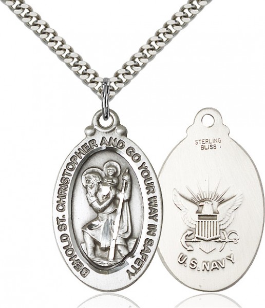 St. Christopher Navy Medal, Sterling Silver - 24&quot; 2.2mm Sterling Silver Chain + Clasp
