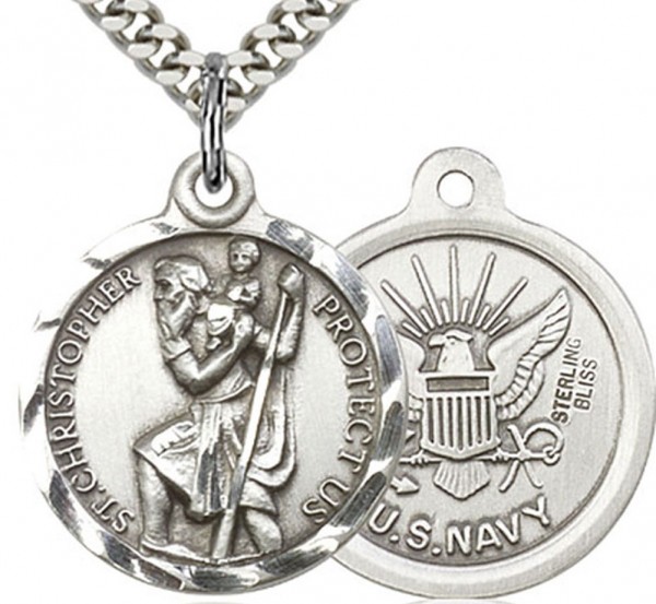 St. Christopher Navy Medal, Sterling Silver - 24&quot; 2.4mm Rhodium Plate Endless Chain