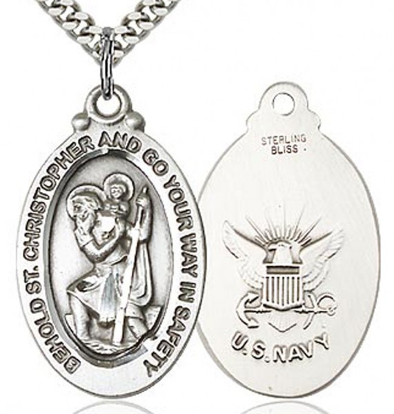 St. Christopher Navy Medal, Sterling Silver - 24&quot; 2.4mm Rhodium Plate Chain + Clasp