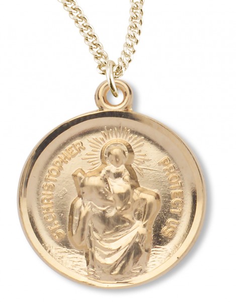 Women's 14kt Gold Plated Round Saint Christopher Necklace + 18 Inch Gold Plated Chain &amp; Clasp - Gold-tone