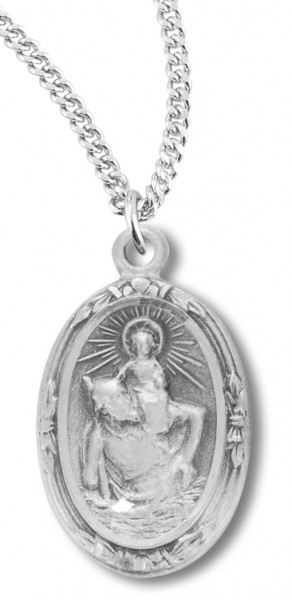 Women's Sterling Silver Oval Saint Christopher Necklace with Chain Options - 18&quot; 2.2mm Stainless Steel Chain + Clasp