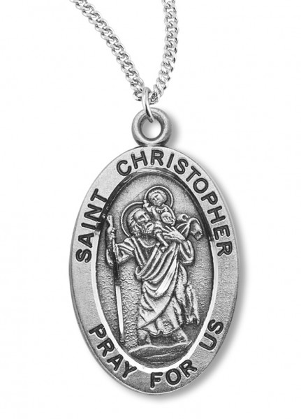 Boy's St. Christopher Necklace Oval Sterling Silver with Chain - 20&quot; 2.2mm Stainless Steel Chain with Clasp