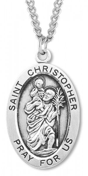 Men's Saint Christopher Sterling Silver Oval Necklace with Chain Options - 24&quot; 3mm Stainless Steel Chain + Clasp