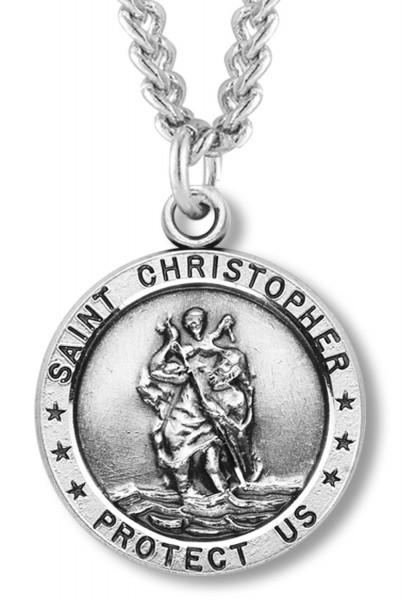 St. Christopher Round Medal Sterling Silver - 24&quot; 3mm Stainless Steel Chain + Clasp