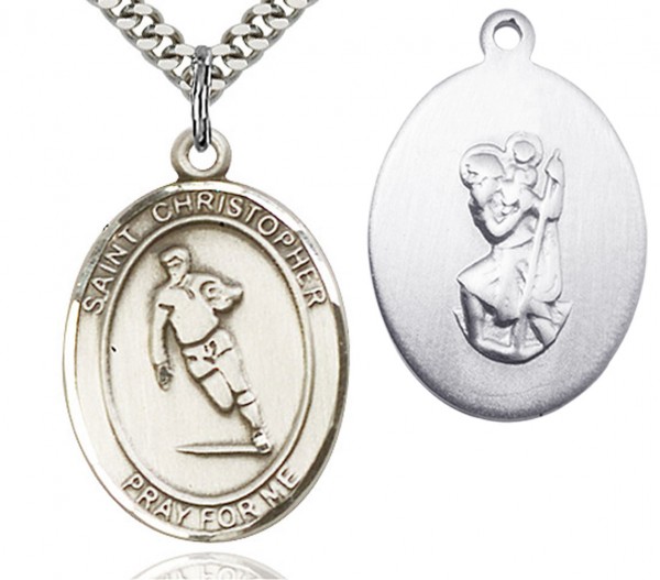 St. Christopher Rugby Medal, Sterling Silver, Large - 24&quot; 2.4mm Rhodium Plate Chain + Clasp