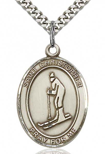 St. Christopher Skiing Medal, Sterling Silver, Large - 24&quot; 2.4mm Rhodium Plate Endless Chain