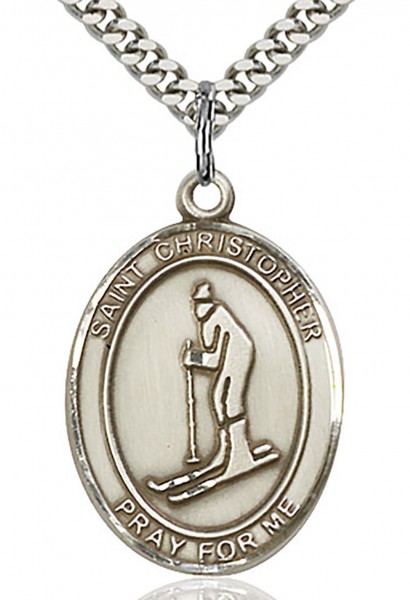St. Christopher Skiing Medal, Sterling Silver, Large - 24&quot; Sterling Silver Chain + Clasp