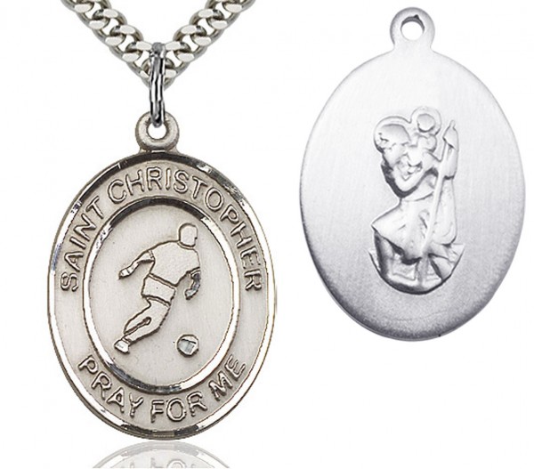 St. Christopher Soccer Medal, Sterling Silver, Large - 24&quot; 2.4mm Rhodium Plate Chain + Clasp