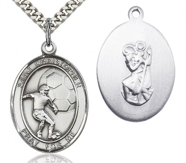St. Christopher Soccer Medal, Sterling Silver, Large - 24&quot; 2.4mm Rhodium Plate Chain + Clasp