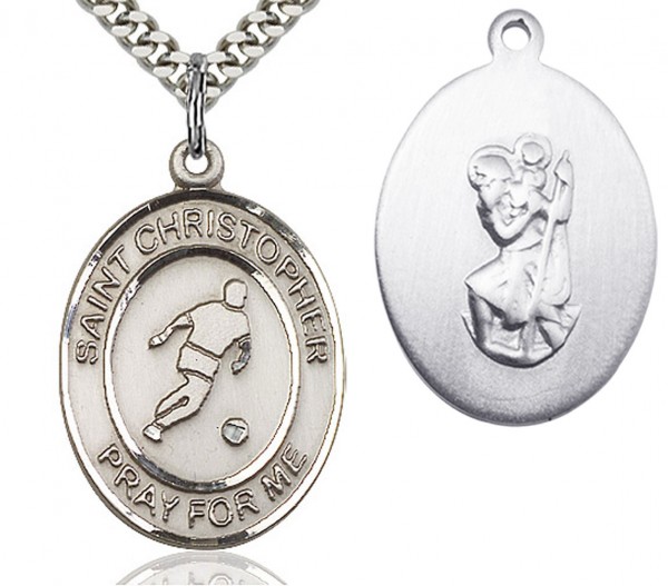 St. Christopher Soccer Medal, Sterling Silver, Large - 24&quot; Sterling Silver Chain + Clasp