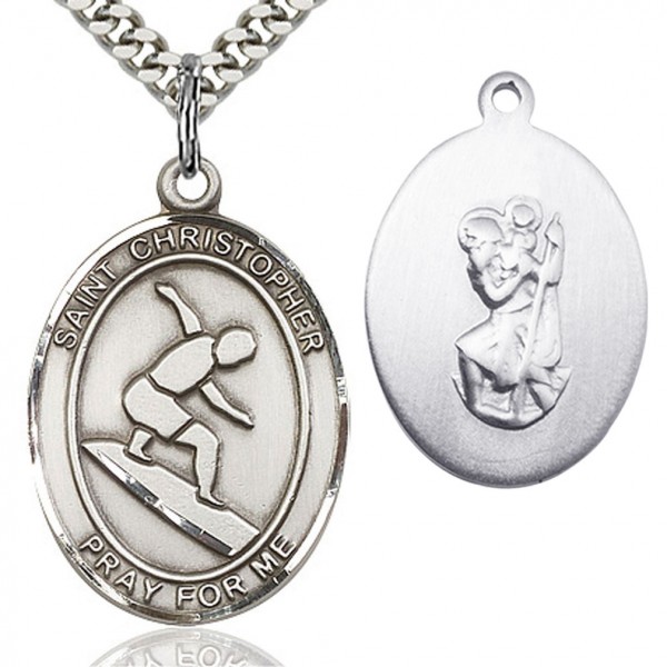 St. Christopher Surfing Medal, Sterling Silver, Large - 24&quot; 2.4mm Rhodium Plate Chain + Clasp