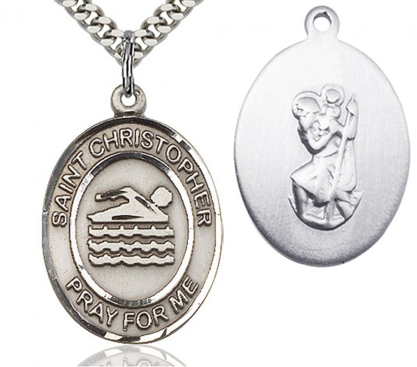 St. Christopher Swimming Medal, Sterling Silver, Large - 24&quot; 2.4mm Rhodium Plate Endless Chain