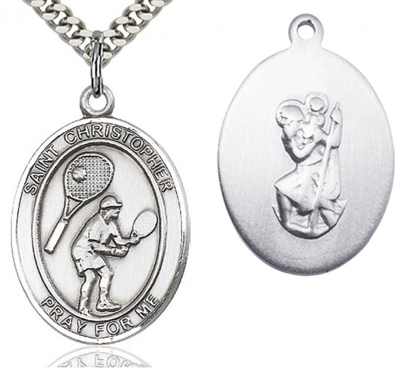 St. Christopher Tennis Medal, Sterling Silver, Large - 24&quot; 2.4mm Rhodium Plate Chain + Clasp