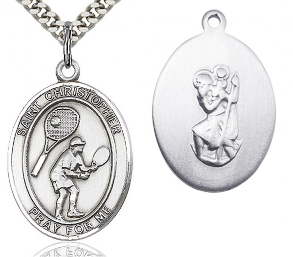 St. Christopher Tennis Medal, Sterling Silver, Large - 24&quot; 2.4mm Rhodium Plate Endless Chain
