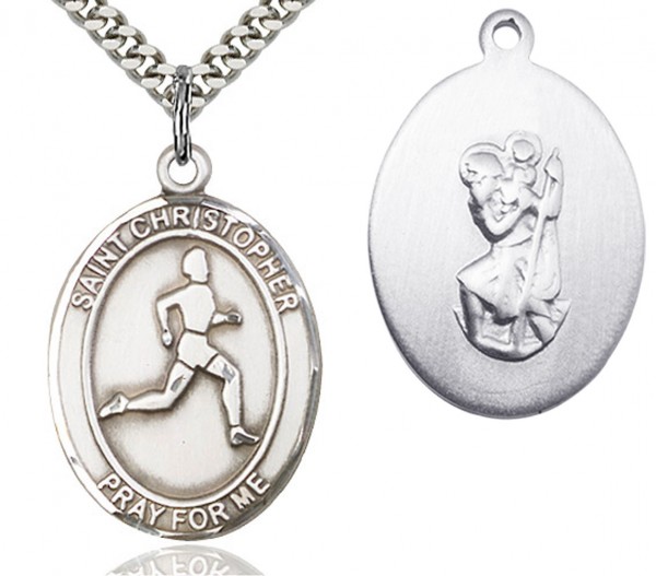St. Christopher Track and Field Medal, Sterling Silver, Large - 24&quot; 2.4mm Rhodium Plate Chain + Clasp