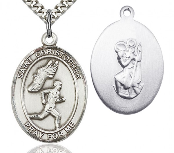 St. Christopher Track and Field Medal, Sterling Silver, Large - 24&quot; 2.4mm Rhodium Plate Chain + Clasp