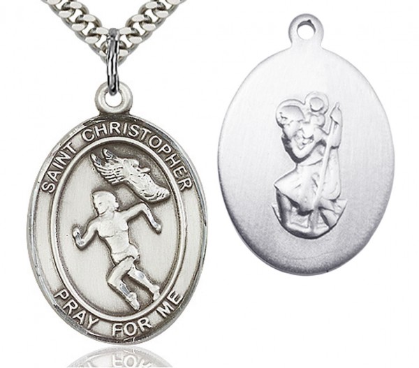 St. Christopher Track and Field Medal, Sterling Silver, Large - 24&quot; 2.4mm Rhodium Plate Chain + Clasp