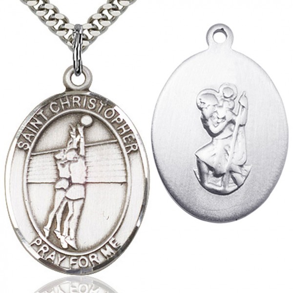 St. Christopher Volleyball Medal, Sterling Silver, Large - 24&quot; 2.4mm Rhodium Plate Endless Chain
