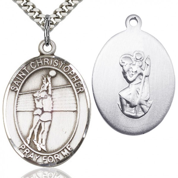 St. Christopher Volleyball Medal, Sterling Silver, Large - 24&quot; Sterling Silver Chain + Clasp