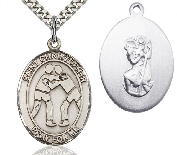 St. Christopher Wrestling Medal, Sterling Silver, Large - 24&quot; Sterling Silver Chain + Clasp