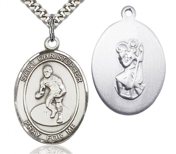 St. Christopher Wrestling Medal, Sterling Silver, Large - 24&quot; Sterling Silver Chain + Clasp