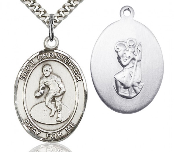 St. Christopher Wrestling Medal, Sterling Silver, Large - 24&quot; 2.4mm Rhodium Plate Chain + Clasp