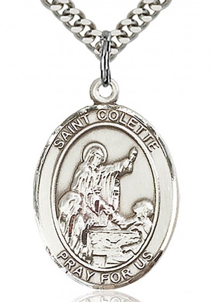 St. Colette Medal, Sterling Silver, Large - 24&quot; Sterling Silver Chain + Clasp