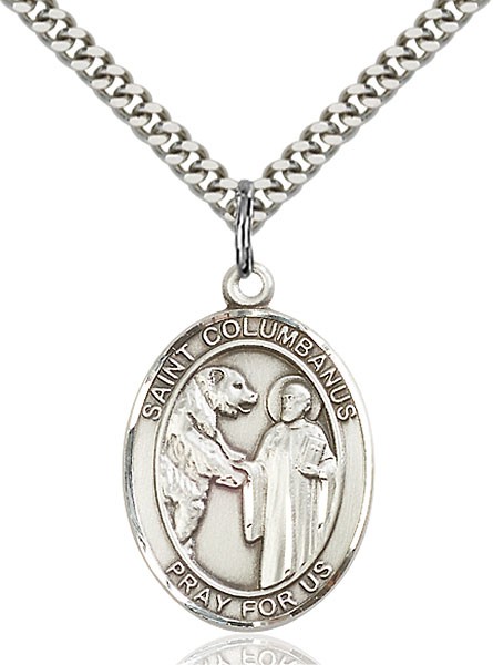 St. Columbanus Medal, Sterling Silver, Large - 24&quot; 2.4mm Rhodium Plate Chain + Clasp