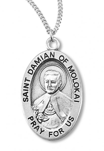 Boy's St. Damian of Molokai Necklace Oval Sterling Silver with Chain - 20&quot; 2.2mm Stainless Steel Chain with Clasp