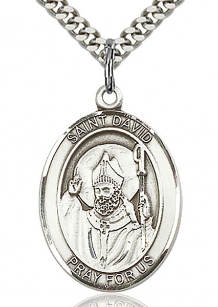 St. David of Wales Medal, Sterling Silver, Large - 24&quot; 2.4mm Rhodium Plate Chain + Clasp