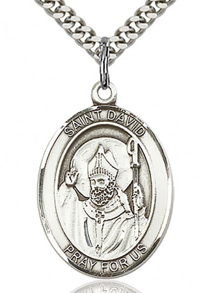 St. David of Wales Medal, Sterling Silver, Large - 24&quot; 2.2mm Sterling Silver Chain + Clasp