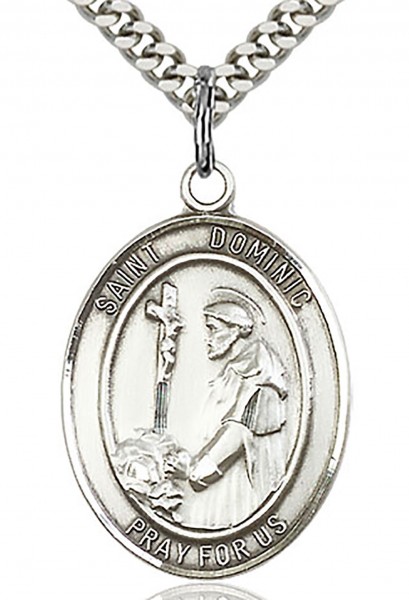 St. Dominic De Guzman Medal, Sterling Silver, Large - 24&quot; 2.4mm Rhodium Plate Chain + Clasp
