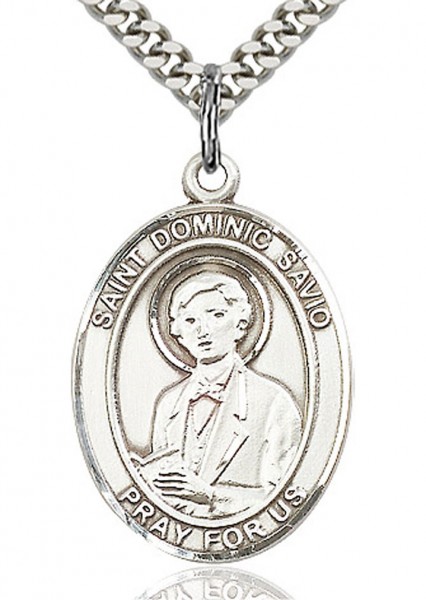 St. Dominic Savio Medal, Sterling Silver, Large - 24&quot; 2.4mm Rhodium Plate Chain + Clasp