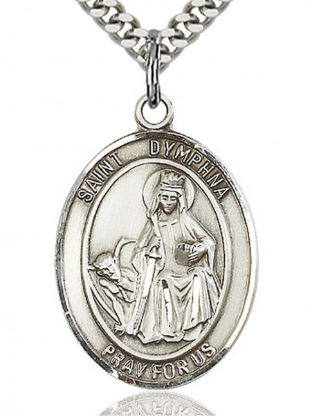St. Dymphna Medal, Sterling Silver, Large - 24&quot; 2.2mm Sterling Silver Chain + Clasp