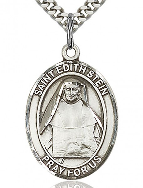 St. Edith Stein Medal, Sterling Silver, Large - 24&quot; 2.4mm Rhodium Plate Chain + Clasp